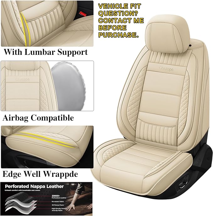 Car Seat Covers Full Set, Beige Leather Seat Covers, Breathable Front and Back Car Seat Protectors, Wear-Resistant Seat Covers Universal Fit for Most Cars SUV Truck (Beige-Stripes-A, Full Set)