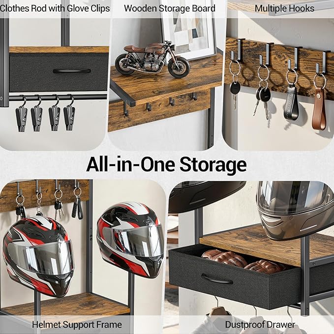 Housolution Motorcycle Helmet Wall Mount with Fabric Drawer, Helmet Holder with 4 Glove Chips and 4 Hooks for Riding Suits & Accessories, Helmet Stand Display for Bike, Baseballs and Rugby Helmets