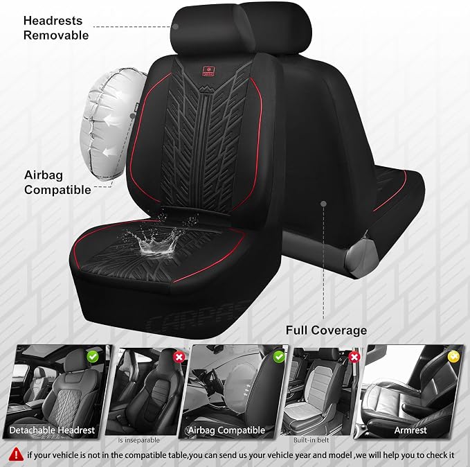 CAR PASS Waterproof Car Seat Covers Full Set,Neoprene Car Seat Covers 5 Seats,3D Tyre Embossed Wetsuit Seat Covers All-Weather Non-Slip Durable Universal Fit Trucks,SUV,Airbag Compatible,Black Red