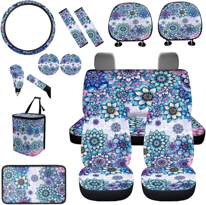 BIGCARJOB Purple Boho Lotus Car Seat Covers Set Hippie Lotus Print Auto Seat Headrest Cover Universal Steering Wheel Cover Car Trash Can Hanging Auto Interior Accessories Set 15 Pieces
