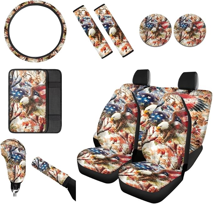 Wanyint Car Seat Covers for Women Men, with Steering Wheel Seat Belt Pads Center Console Handbrake Gear Shift Cover Cup Coaster Holder for 4th of July, Pack of 12, US Flag Eagle Camo Hunting Forest