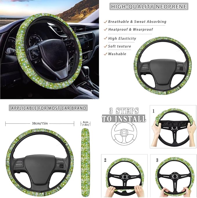 Green Hippie Flowers Pattern Car Accessories Car Seat Covers Full Set with Steering Wheel Covers+Seat Belt Pads+Coasters+Keychain+Lipstick Holder Universal Fit(13 Pack)
