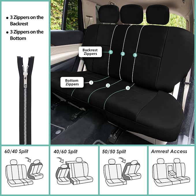 FH Group Car Seat Cover Airbag Compatible Full Set Black Premium PU Leather - Split Bench Combo Vinyl Floor Mats Seat Covers Interior Accessories Universal Fit for Cars Trucks SUV