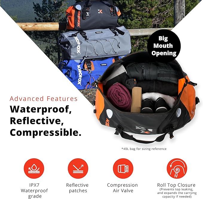 KRONOX Motorcycle Duffel Bag Waterproof, 25L Grey – Durable Motorcycle Luggage & Saddle Bags. Back Seat Dry Bag for Travel, Commute & Dirt Bike Gear