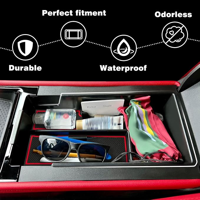 BestEvMod Center Console Organizer Tray Compatible with Chevy Blazer EV 2026 2025 2024 2023 Interior Accessories Armrest Storage Box ABS Material with PVC Trim & Removable Coin Holder (Red)