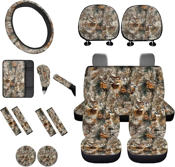 Lotusorchid Car Seat Covers Sets Full Set, Deer Print Front and Rear Split Bench Seat Cover Car Armrest Box Pad Car Headrest Cover Car Coaster, Washable Auto Accessories Full Set, Brown