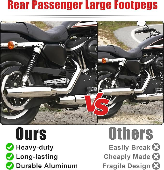 Goldfire Motorcycle Foot Pegs Front & Rear Footpegs CNC Cut Foot Rests Compatibility For Dyna Sportster FLFB FLSTF Iron 883 Softail Street Glide(Black Passenger Floorboards), Chrome