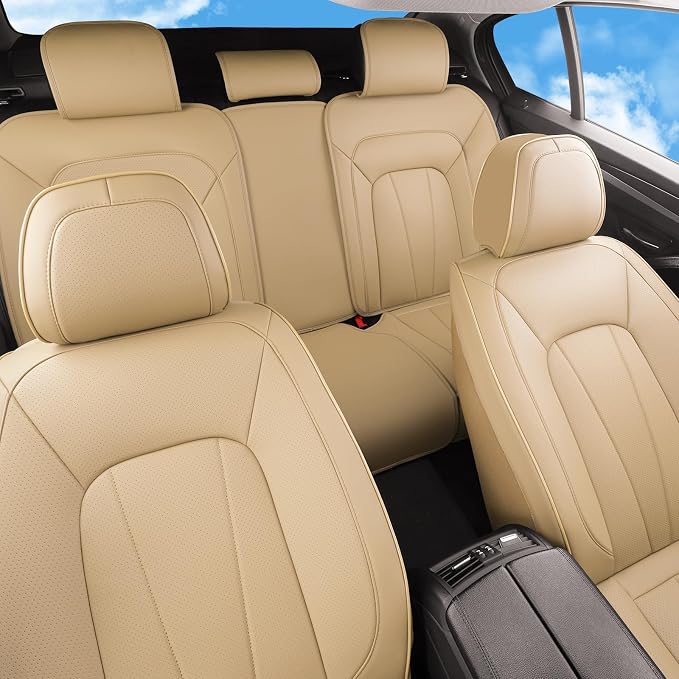 Car Seat Covers Full Set,Breathable and Waterproof Faux Leather Automotive Seat Covers for Cars,Luxury Universal Fit Seat Covers for SUV, Sedans and Trucks,Beige