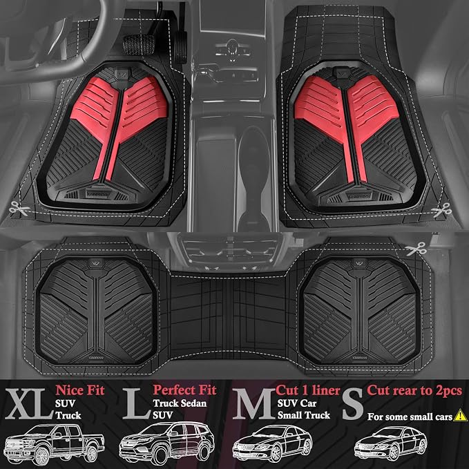 CAR PASS Heavy Duty Rubber Car Mats, Deep-Dish Car Floor Mats All Weather, Universal Two-Tone Trim-to-Fit for SUVs Trucks Sedans, Waterproof Anti-Slip, 3 Pieces V12 Black and Metallic Red