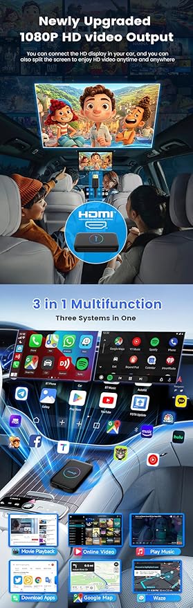 CarlinKit Tbox-LITE S with HDMI Output – Mirror Front Screen to Rear-Seat Display for in-Car Entertainment, Supports Wireless CarPlay/Android Auto, Online Video