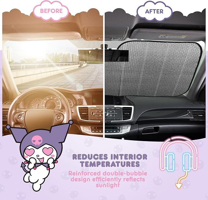 Carbella Kuromi Car Windshield Sun Shade, Official Sanrio Accordion Style Sunshade for Car Window, Cute Kawaii Car Sun Shade Windshield, Kuromi Car Accessories for Women (Neon Party)