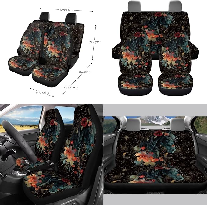 Horse Hibiscus Moon Star Pattern Print 10 Pack Car Accessories, Front and Rear Seat Covers Car Trash Bin Steering Wheel Cover Cup Holders Keychain Air Vent Storage Bag Car Interior Decor