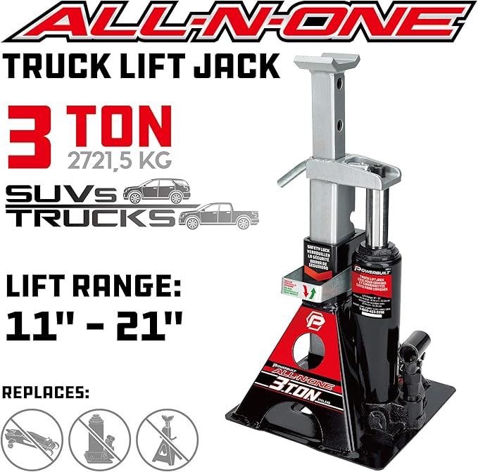 POWERBUILT 3 Ton All-in-One Hydraulic Bottle Jack and Jackstand in One, Compact, Wide Base, 11-21 Inch Range, Eliminates Jackstands, for Trucks, SUVs, RVs, Trailers, ASME, Not for Sedans - 640912