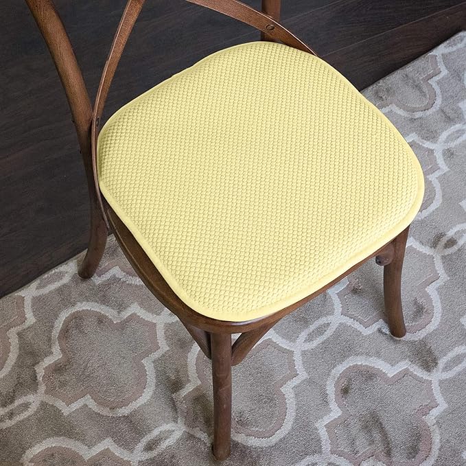 Sweet Home Collection Chair Cushion Memory Foam Pads Honeycomb Pattern Slip Non Skid Rubber Back Rounded Square 16" x 16" Seat Cover, 4 Pack, Yellow