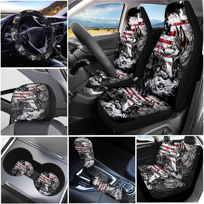KEIAHUAN American Flag Wolf Car Seat Cover Full Set Includes Front and Back Seats Protectors Covers Handbrake and Gear Shift Cover Cup Holder Car Headrest Covers Steering Wheel Cover