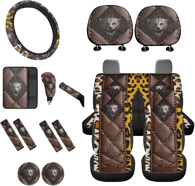 Lotusorchid Leopard Print Automotive Seat Covers Full Set, Removable Car Front and Back Seat Covers and Car Shift Knob Cover, Universal for Most Vehicles, Truck, SUV
