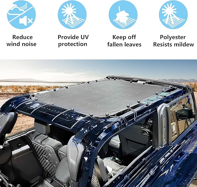 sukemichi 2 Door Sunshade for Ford Bronco,Mesh Sun Shade Bikini Top Cover Bimini Top for Ford Bronco Accessories 2021 2022 2023 2024 2025 2026 2 Door - Blocks UV, Wind, Noise(Black)
