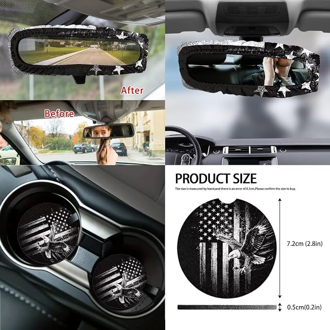 Eagle Print Car Interior Cover Set American Flag Print Car Front and Rear Seat Covers Steering Wheel Cover Armrest Pad Safety Belt Pads Rear View Mirror Protector, 14Pcs