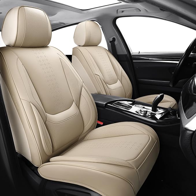 Car Seat Covers Full Set, Beige Leather Seat Covers, Breathable Front and Back Car Seat Protectors, Wear-Resistant Seat Covers Universal Fit for Most Cars SUV Truck (Beige-Solid, Full Set)