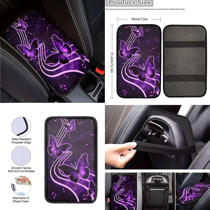 8 Pcs Music Butterfly Car Seat Covers Full Set Car Accessories for Women Front Seat Cover Steering Wheel Armrest Cover Seat Belt Cover for Auto SUV Interior Decoration