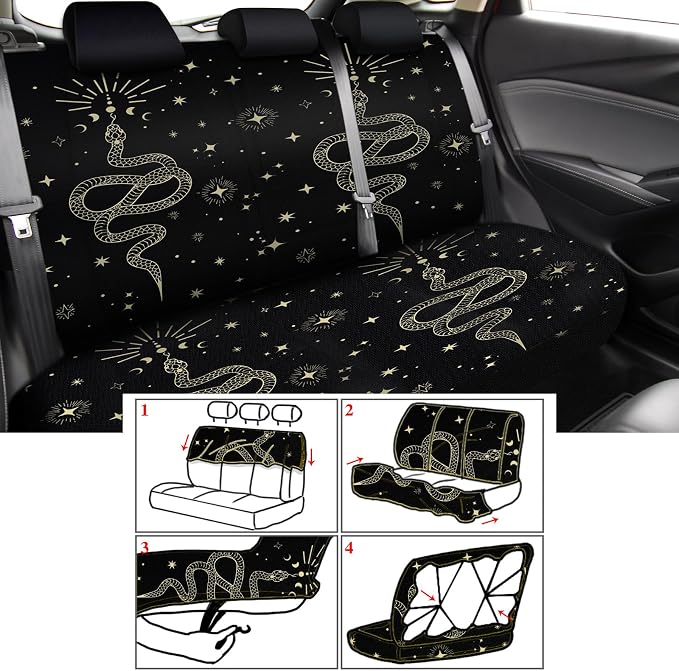 Riakrum 15 Pcs Boho Celestial Snake Seat Covers Full Set Thick Car Front and Back Steering Wheel Cover Seatbelt Strap Armrest Pads Cup Mat Wrist Strap Key Chains for Auto Truck