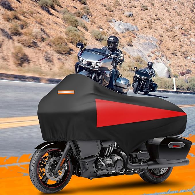 Motorcycle Half Cover with Elastic Hook and Reflective Strip Waterproof Dustproof Sunproof All-Day Protection Suitable for Touring Models Road King Street Glide Road Glide and More (Black&Red)