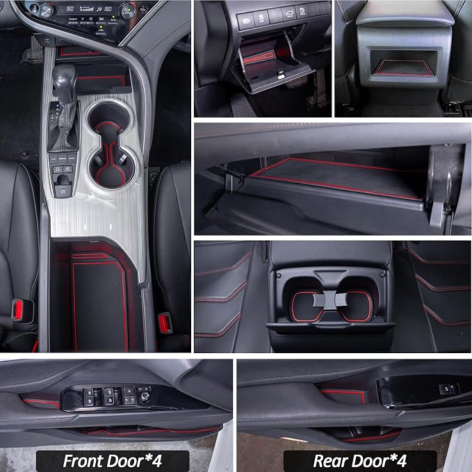 TOPINSTALL Black Center Console Tray and Red Rubber Liners Compatible with 2018-2024 Camry Accessories, Interior Armrest Storage Console Organizer Non-Slip Cup Holder Door Pocket Rubber Mats