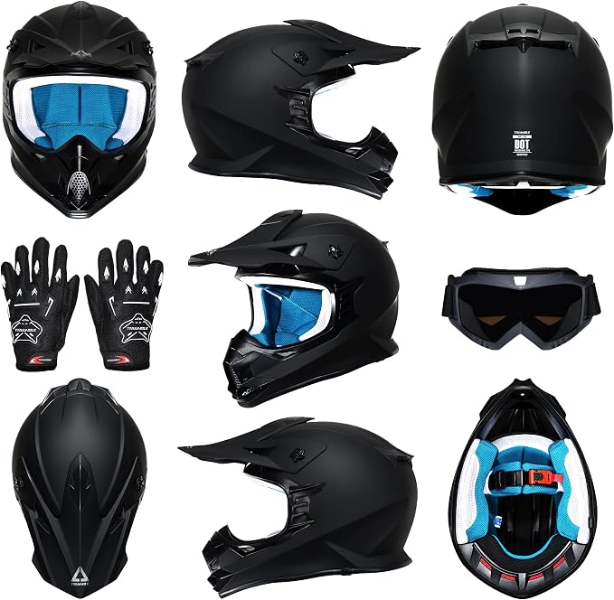 TRIANGLE Adult Dirt Bike Helmet Full Face Motorcycle Helmets with Adjustable Goggles & Gloves - DOT/FMVSS-218 Certified Motocross Helmet for Off-Road ATV BMX UTV