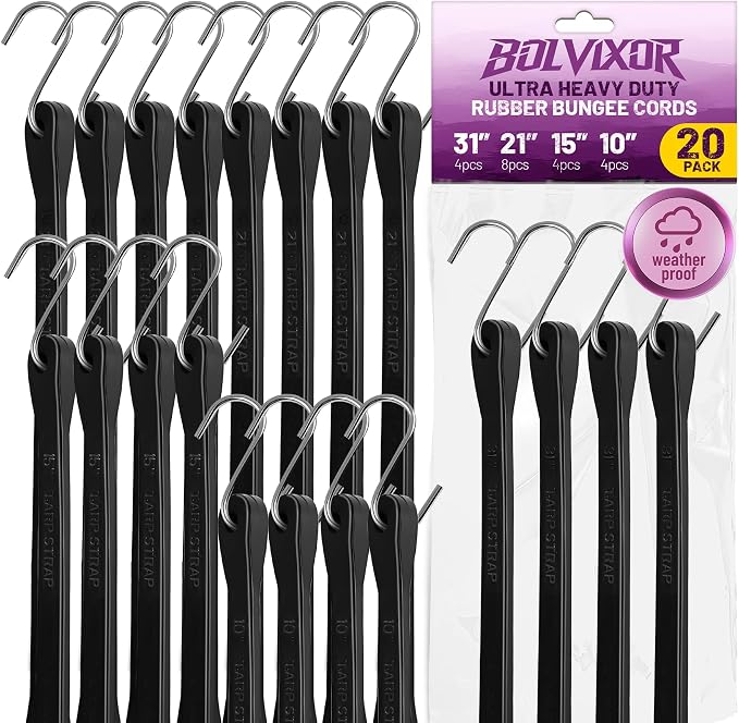 Bungee Cords with Hooks (20 Pack) – 10", 15", 21", 31" Heavy Duty EPDM Rubber Tarp Straps, Max Stretch 2X, Load 180+ LBS, Crimped S Hooks for Cargo, Trucks, Camping, Outdoor Use