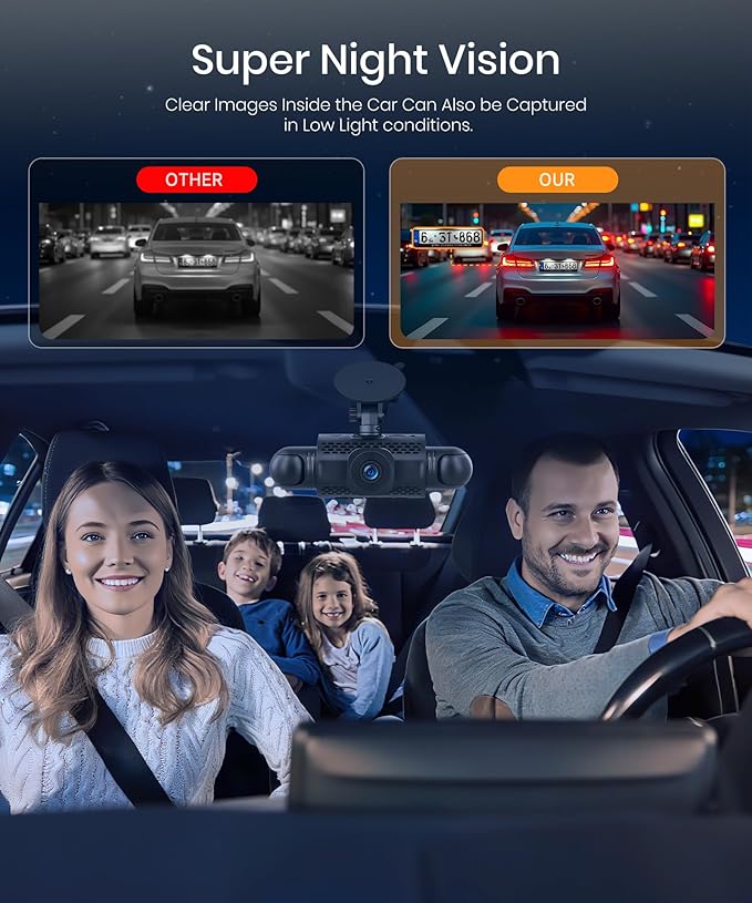 Rimoody 4-Channel 360° Dash Cam, 1080P Full HD Car DVR with Front/Rear/Inside/Side Cameras, WiFi App Control, Night Vision, G-Sensor, Loop Recording, 24H Parking Monitor, 3 Inch Display