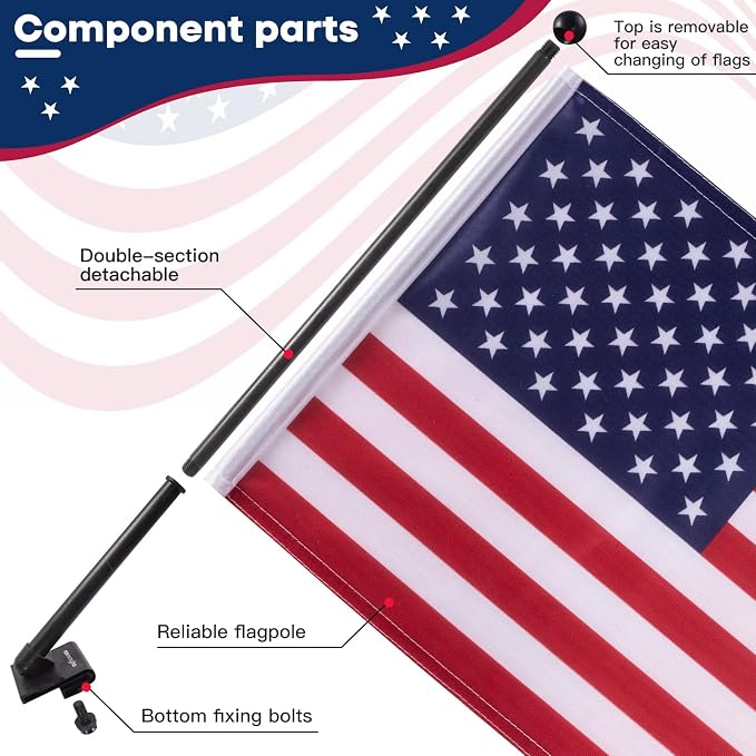 2Pack Car Flag with Flagpole Mount & American Flag, 12" x 16" Two-section Removable Flagpole, 19" USA Flag Pole Fixed Window Adjustable Clip Mount For Most Vehicle Window