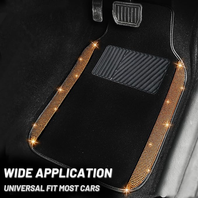NBTEPEM Bling Car Floor Mats Full Set, Universal Fit Most Cars,SUV, Trucks, 4 pcs Sparkle Glitter Diamond Carpet for Women Girls with Anti-Slip Pad (Orange Diamond)