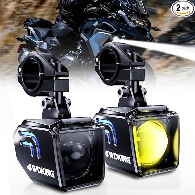 4WDKING 2 Inch Motorcycle Fog Lights, Dual Color LED Pods with Blue Backlight, Offroad Auxiliary Driving Lights, 10000 Lumens Spot & Flood Beams, IP68 Waterproof for ATV UTV SUV Truck Boat, 2 Pack