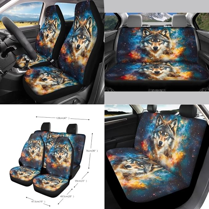 Wolf Galaxy Print Auto Seat Cushion + Steering Wheel Protector + Keychain + Mirror Cover + Seatbelt Pad + Air Vent Storage Bag + Trash Can + Cup Holders, Set of 15