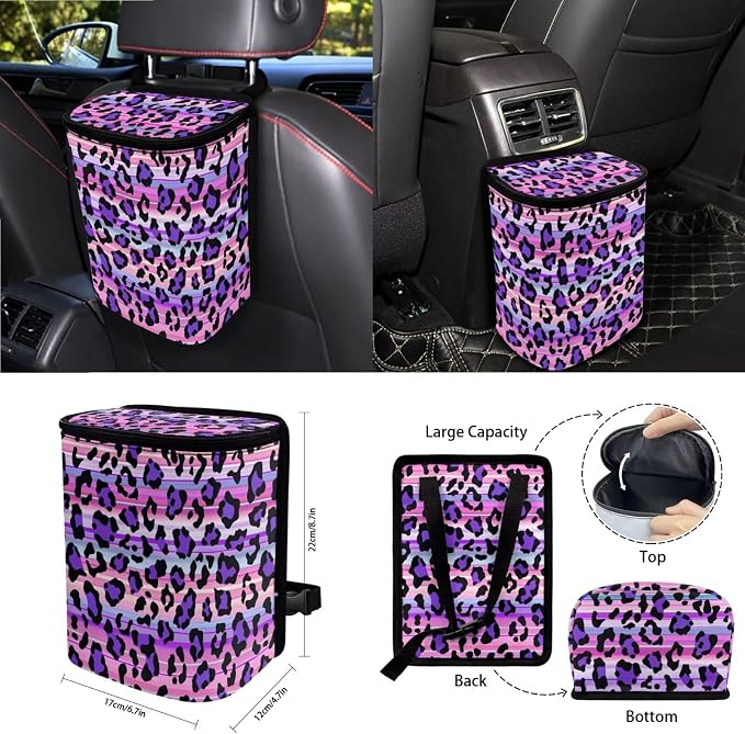 Leopard Print Car Accessories Seat Covers Full Set of 15, Soft Comfy Front and Rear Seat Cover with Safety Belt Pads Steering Wheel Cover Trash Can Car Air Vent Organizer