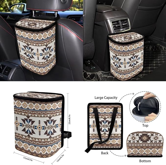 Earthy Tribal Car Seat Covers Set of 15 with Universal Steering Wheel Cover, Rearview Mirror Cover, Car Trash Can, Seatbelt Pads, Cup Holder Coasters, Keychains