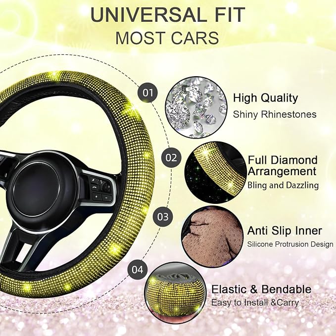 NBTEPEM 8 pcs Yellow Bling Car Accessories Set for Women, Steering Wheel Cover, Sparkly Seat Belt Covers, Bling Gear Shift Cover, Universal Fit Most Cars (Yellow Diamond)