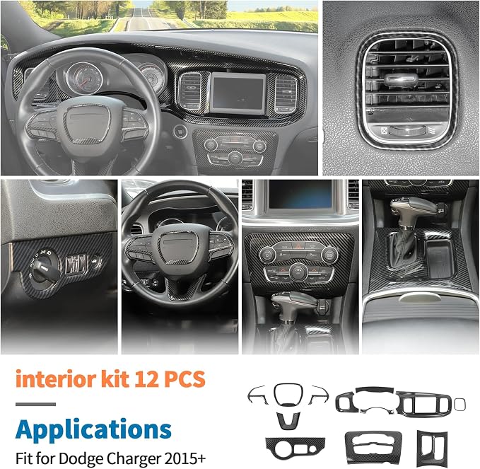 JeCar 12pcs Carbon Fiber Interior Trim Kit Fit for 2015-2023 Dodge Charger Interior Accessories