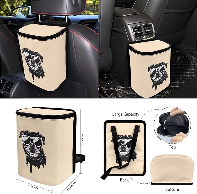 French Bulldog Print Car Front Back Seat Cover Set of 15 Steering Wheel Covers Seatbelt Strap Pad Garbage Cans Air Vent Storage Holder Rear View Mirror Cover Cup Holder Key Chain