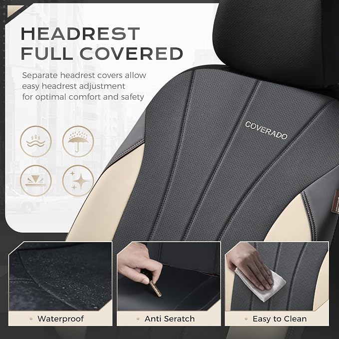 Coverado Car Seat Covers， 2 Front Seats Waterproof Nappa Leather Automotive Seat Protectors, Front Luxury Mesh Seat Covers, All-Weather Universal Fit for Most Cars SUVs, Trucks, Beige&Black