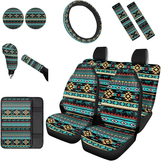 Dreaweet South Western Aztec Seat Covers for Cars Full Set,Native American Seat Cover with Steering Wheel Cover/Center Console Cover/Seatbelt Covers/Coaster/Gear Shift Cover/Handbrake Cover,Universal