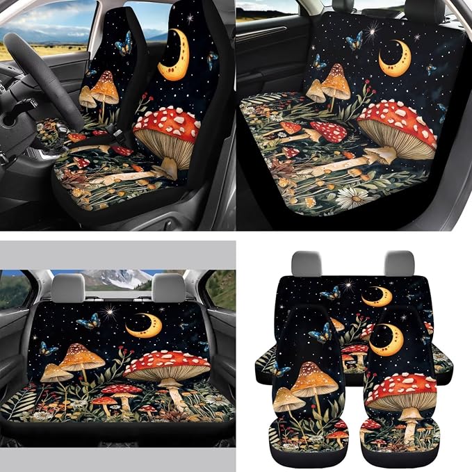 15 Pcs Moon Mushroom Butterfly Auto Interior Accessories Car Seat Covers with Auto Steering Wheel Cover Seat Belt Covers Car Trash Can View Mirror Cover Coaster Keychains