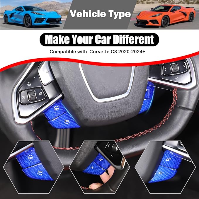 Dry Carbon Fiber Central Control Steering Volume Button Cover Compatible with Corvette C8 2020-2025 Accessories 4Pcs Center Consoles Steering Button Panel Sticker Decorative Interior Trim (Blue)