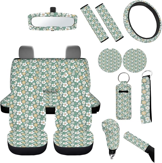 Vintage Groovy Flower Car Seat Covers Set for Women, 70S 80S Green Car Accessories Cute Steering Wheel Cover Coaster Mirror Cover Seatbelt Pad Gear Shift Pad Aesthetic Floral Car Seat Covers