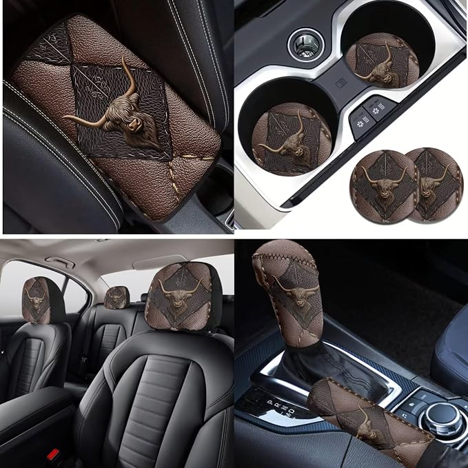 Lotusorchid 16 Pcs Car Seat Covers Protector, Highland Cattle Print Auto Seats Covers with Steering Wheel Cover Car Armrest Box Pad Vehicle Seat Belt Pad Headrest Cover for Cars, Easy to Install