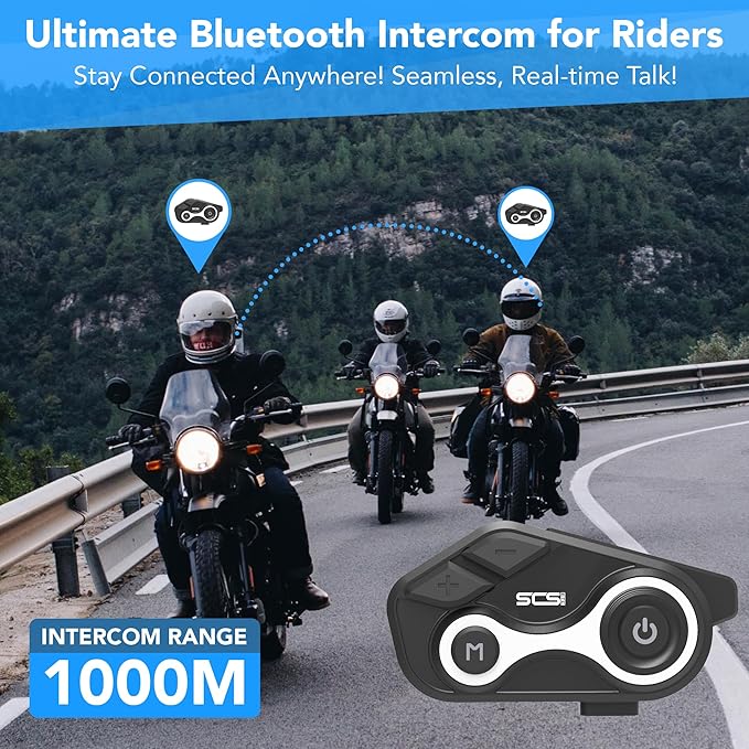 Motorcycle Bluetooth Helmet Intercom Headset, 2 Riders 1000M Communication, IP67 Waterproof, Hands-Free Calling, Stereo Music, GPS Navigation, Dual Microphones, 1 Pack
