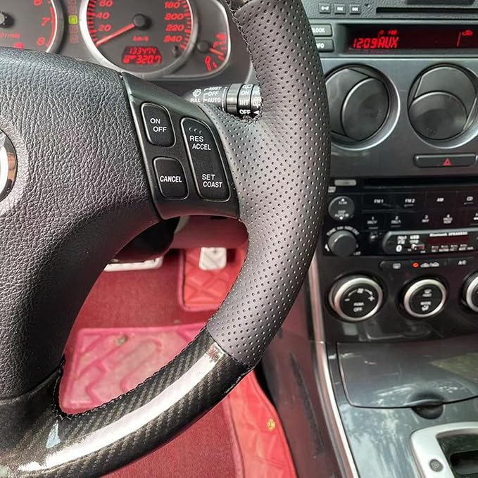 Hand-Stitched Gloss Carbon Fiber Steering Wheel Wrap for Mazda 3 Axela 2004-2009 / Mazda 5 2004-2010 / Mazda 6 Atenza 2003-2008 / Mazda RX-8 2004-2008 Interior Steering Wheel Protection Skin Cover