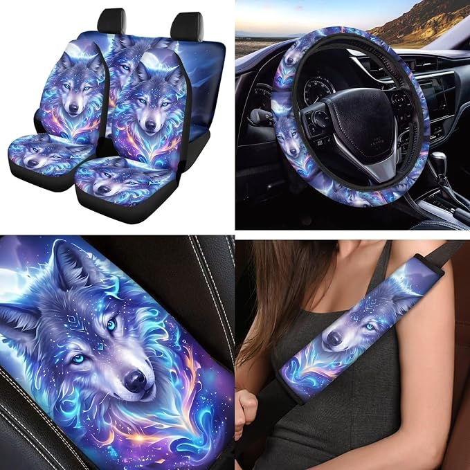 Wolf Car Seat Covers Full Set 12 Pack with Steering Wheel Cover Center Console Cover Keychain Holder and Car Seat Belt Cover Universal Fit Most Vehicles Cars SUV