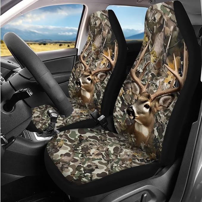 Bulopur Elk Hunting Camo Automotive Seat Covers Set with Matching Steering Wheel Cover Breathable Center Console Cushion Pad Non-Slip Seat Headrest Cover 14 Pack Auto Interior Accessories
