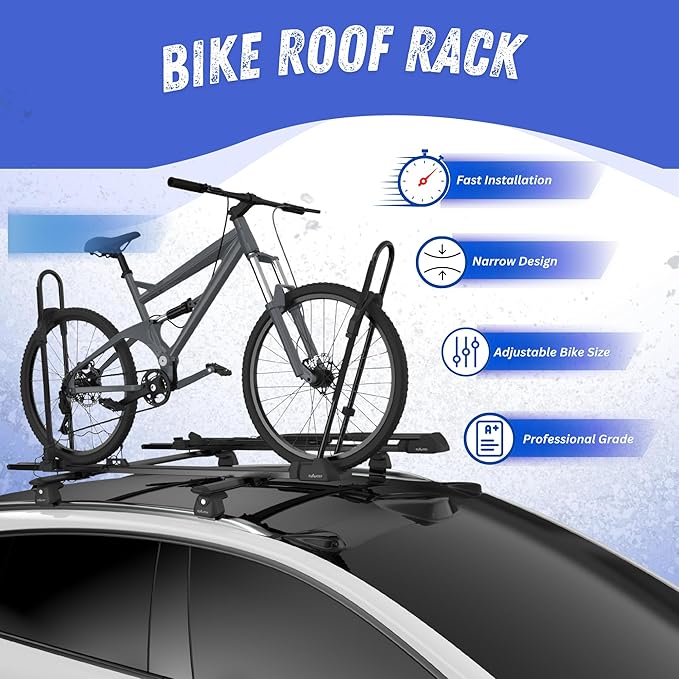 Heavy Duty Car Roof Bike Rack: Collapsible Bicycle Carrier with Tire Support Arches, Fits Cross Bars for Kids to Pro Use, Ideal for Car, Van, or Truck Roofs.